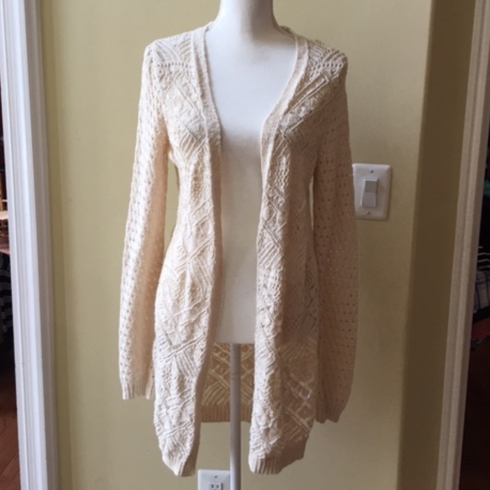 Diamond Cream Ivory Open Knit Long Open Cardigan